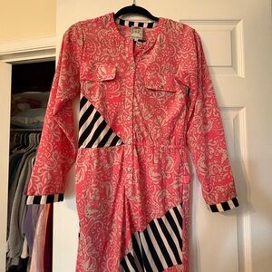 Pink Paisley Button-Front Dress with Black & White Stripes